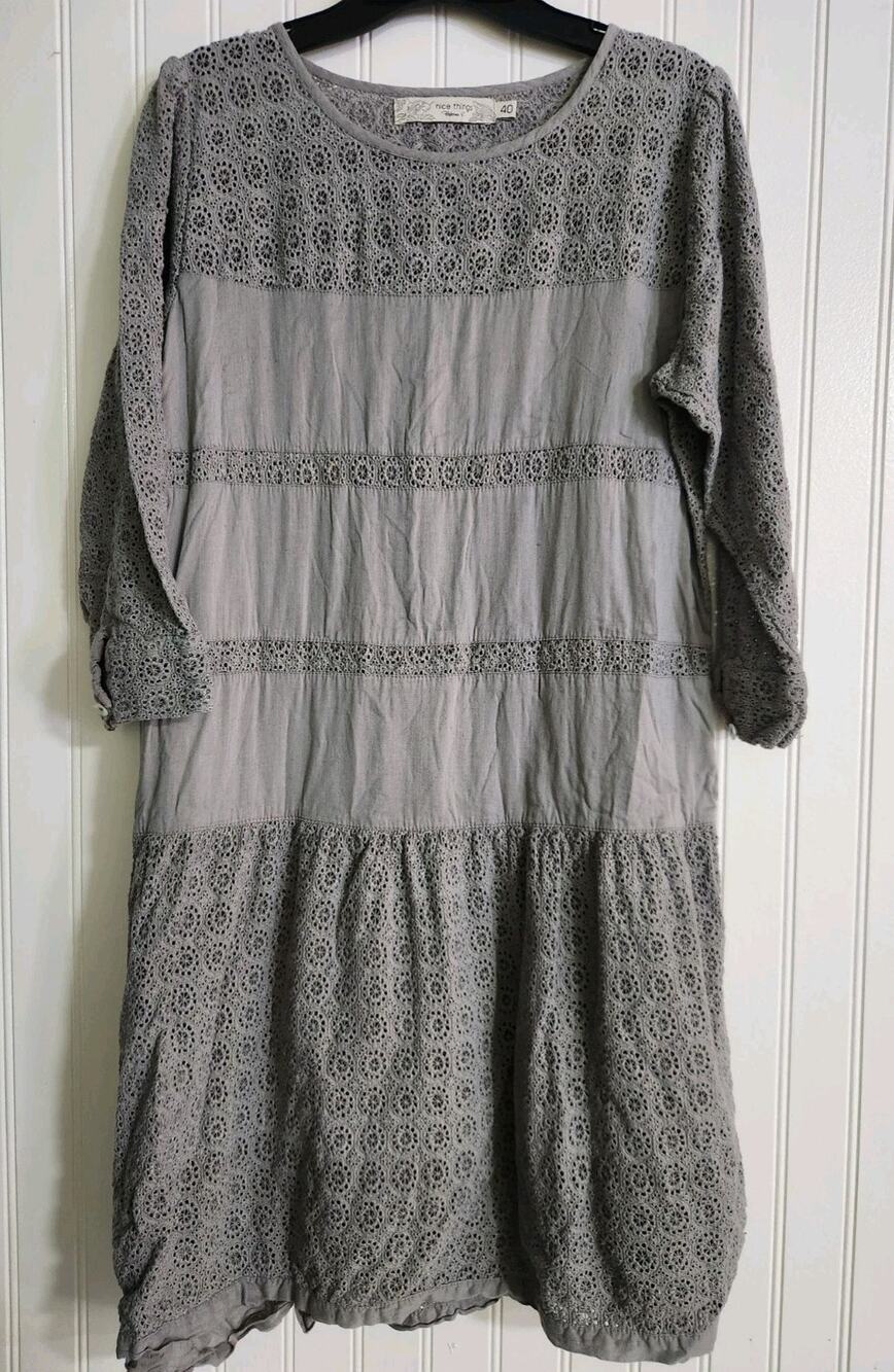 Nice Things Paloma S Gray Lace Mini Dress Cotton 3/4 Sleeve Size 40 US 8